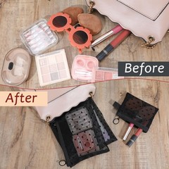 APLZGMG 4 Pcs Mesh Makeup Bag Set with Zipper, Heart Printed Mini Black