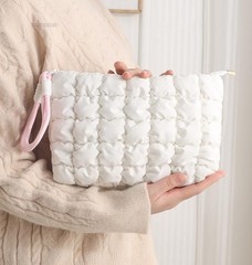 DOB SECHS Puffer Quilted Makeup Bag with Handle, Cute Puffy Cotton Khaki