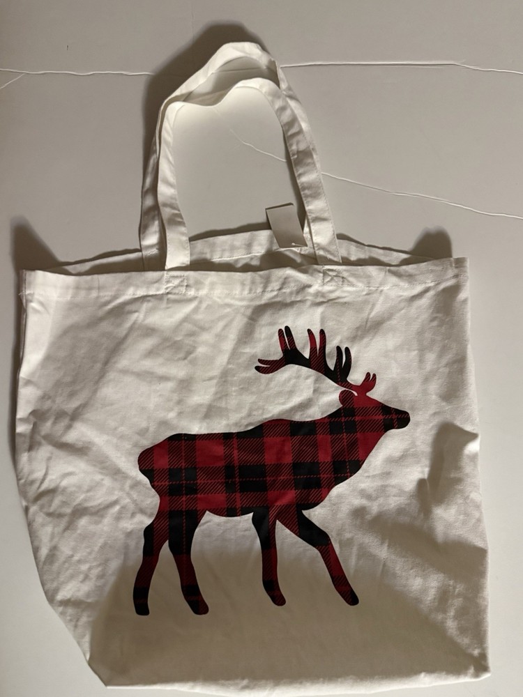 Reusable Cloth Red Black Plaid Deer Moose Beige Double Handle Tote Bag Nwt