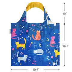 Wrapables Large Reusable Shopping Tote Bag with Outer Pouch, Cute Kitties