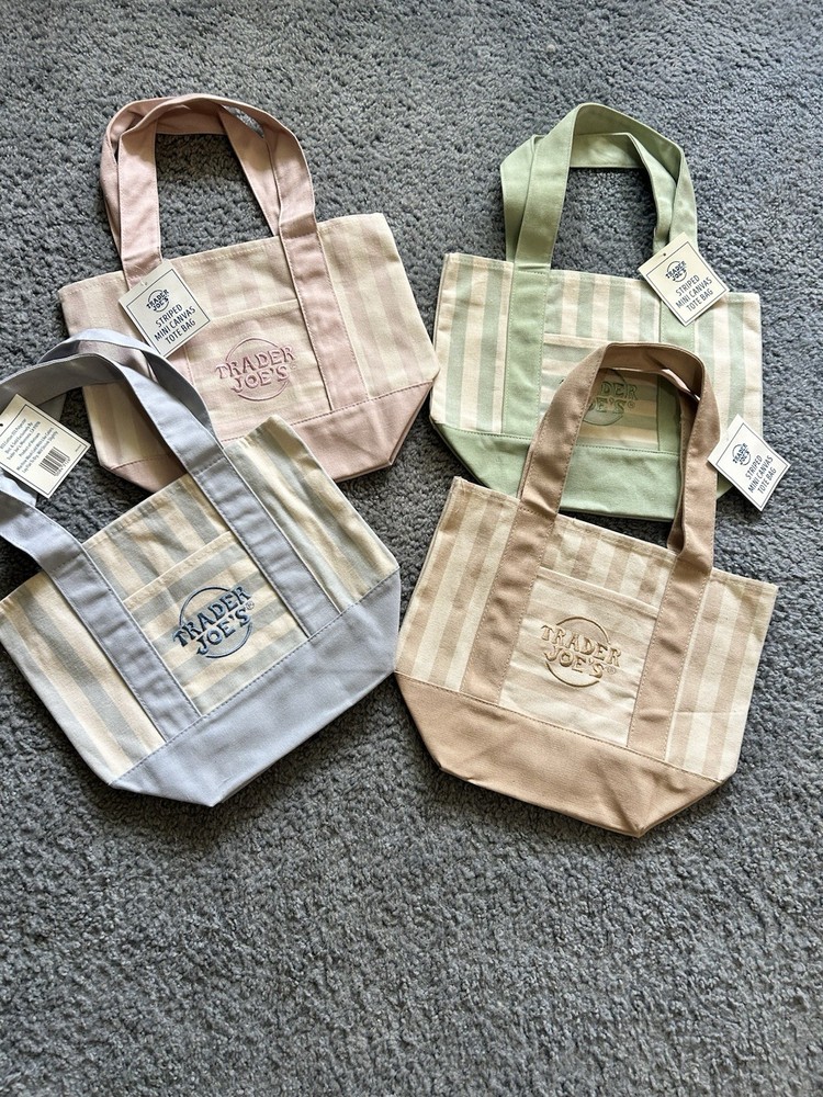 Trader Joe’s Mini Canvas Tote Bag Set Of 4 Pink Green Blue Tan striped NEW tag
