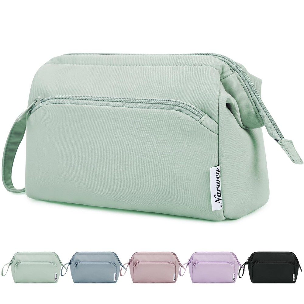 Narwey Wide-open Makeup Bag Women Girls, Travel Toiletry for Mint Green