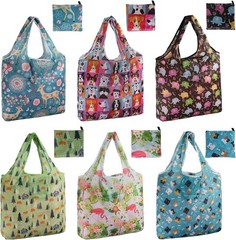 Eco-Friendly Foldable Grocery Shopping Bags – 6 Pack with Trendy Animal Prints