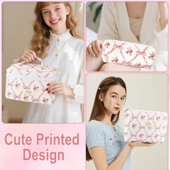 URSKYTOUS 3Pcs Makeup Bag Quilted Cosmetic Set Bow MM 3PCS Pink