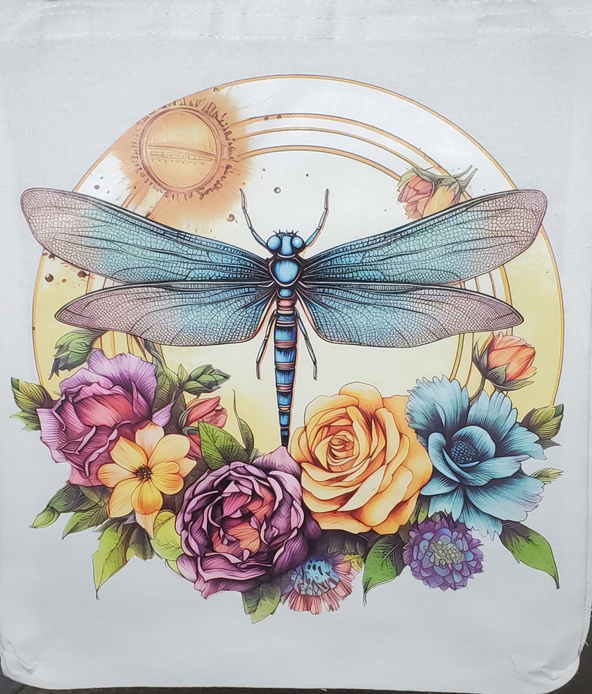 Canvas Reusable Tote Bag Medium Floral Dragonfly Print White 11″ x 13″