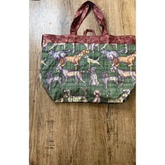 Handmade Dog Print Cotton Tote Bag Green Plaid Puppy Breed Large Shoulder Bag