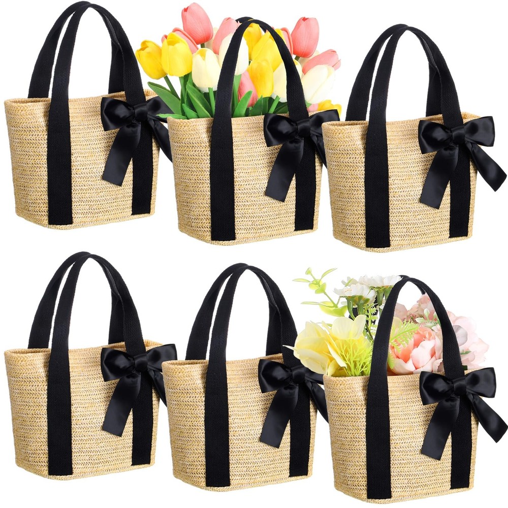 6 PCS Bridesmaid Straw Beach Bags Woven Burlap Tote Handle Ribbon Black