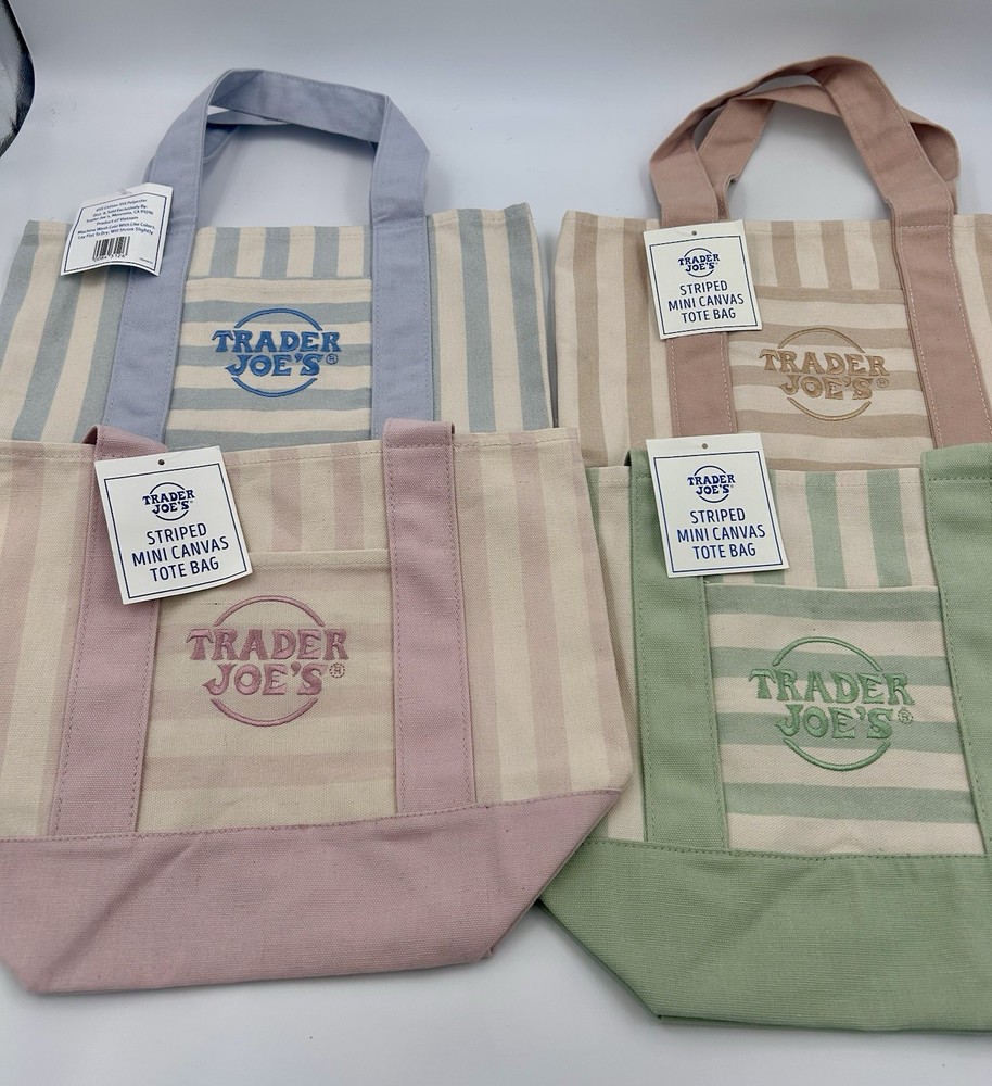 Trader Joe’s 2026 Pastel Striped Mini Canvas Tote Bag Set Of 4 NWT