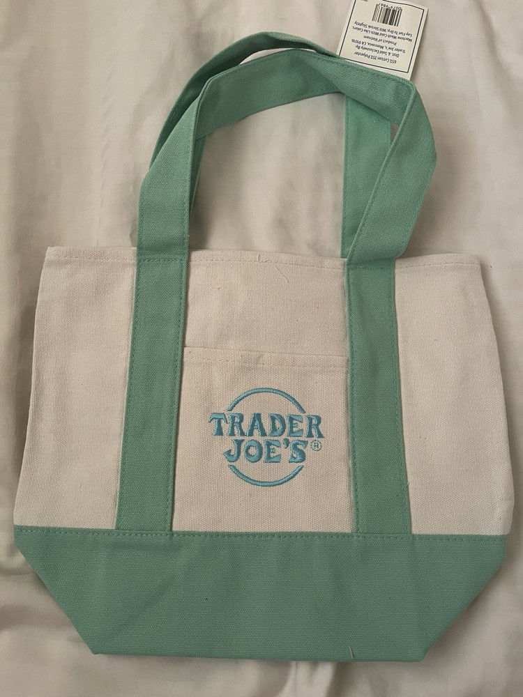 Trader Joe’s Foldable Canvas Tote Bag Beige Green Reusable Shopping Solid Plain