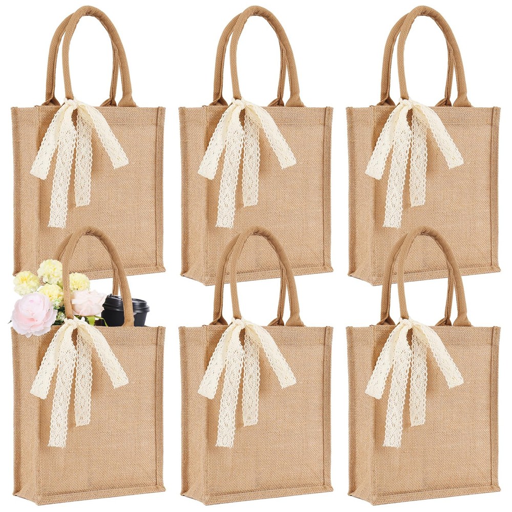 6 PCS Small Burlap Tote Bag Set Reusable Jute Grocery 11×9.45×3.94 Inch Beach
