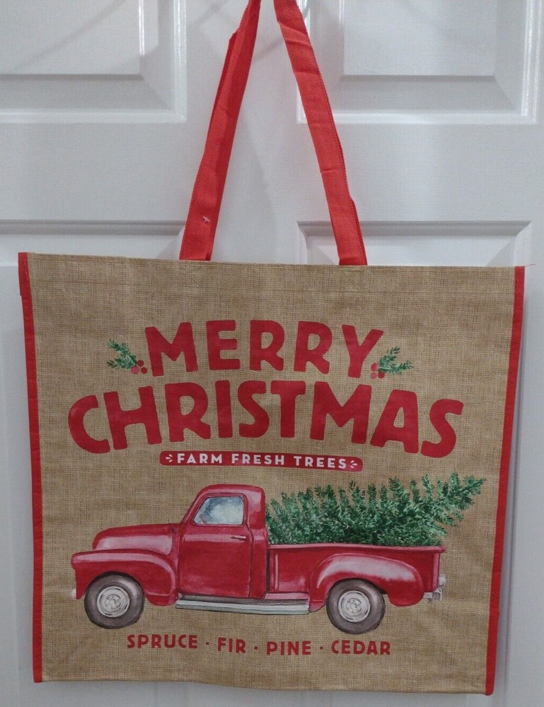 TJ Maxx Shopping Bag Merry Christmas Farm Fresh Trees Red Pick Up Truck Print