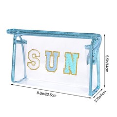 Hmxpls Clear Preppy Patch Makeup Bag, Sun Chenille 8.8×5.5×2.7 inches, Blue