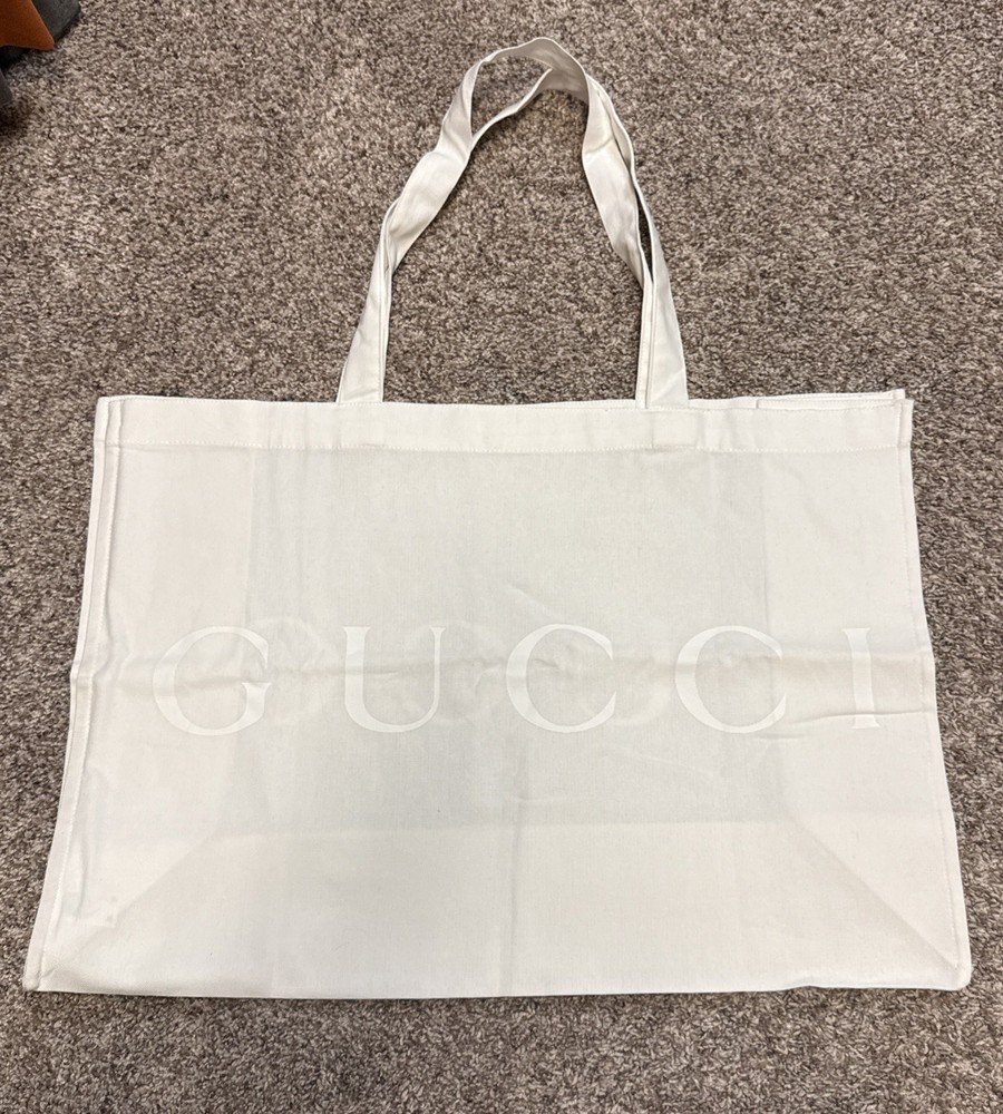 Gucci VIP GIFT NEW White Cotton Extra Large Tote Bag Logo Print 22×15
