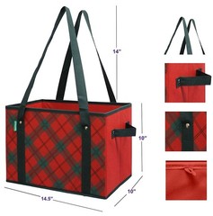 Deluxe Collapsible Reusable Shopping Box Grocery Bag Set Plaid Holiday 3 Pcs