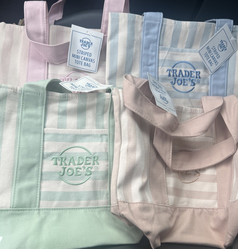 Trader Joe’s Mini Summer Striped Pastel Canvas Tote Bag Set 2026 Lot of 4 Colors