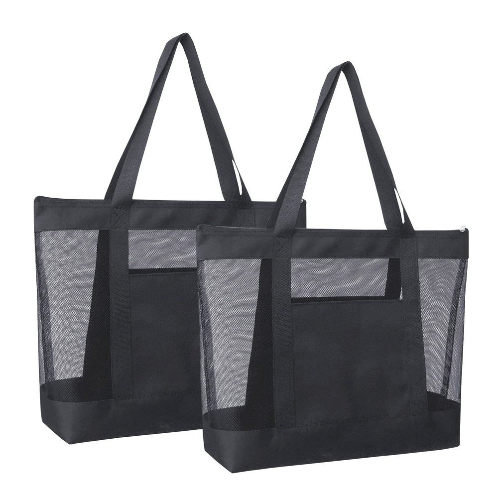 Lightweight Mesh Tote Sandproof Beach Bag Zipper Double Pocket 2 PCS