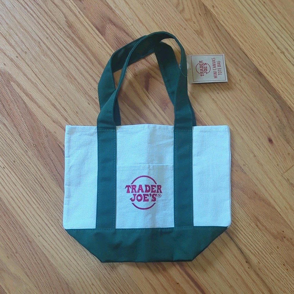 Trader Joe’s Mini Canvas Tote Bag Foldable White Green 65% Cotton Polyester