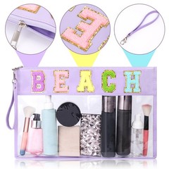 Zubebe 2 Size Chenille Letter Clear Beach Bag Cosmetic Zipper Purple