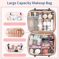 onemoky Travel Makeup Bag, Large Capacity Cosmetic 03-Black Leather