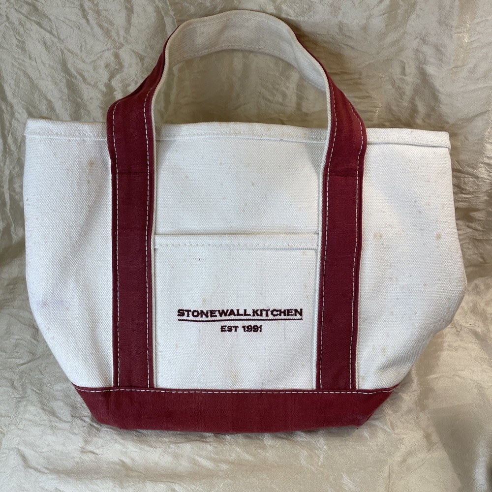 Stonewall Kitchen Canvas Dbl. Handle Small Burgundy Tote Inner Zip Pocket Maine