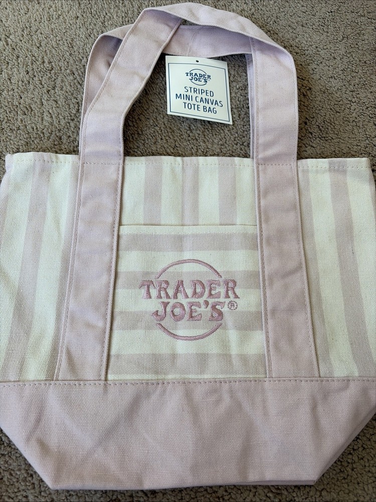NWT TRADER JOE’S 2026 Mini Striped Canvas Tote Bag PINK stripes FAST SHIPPING