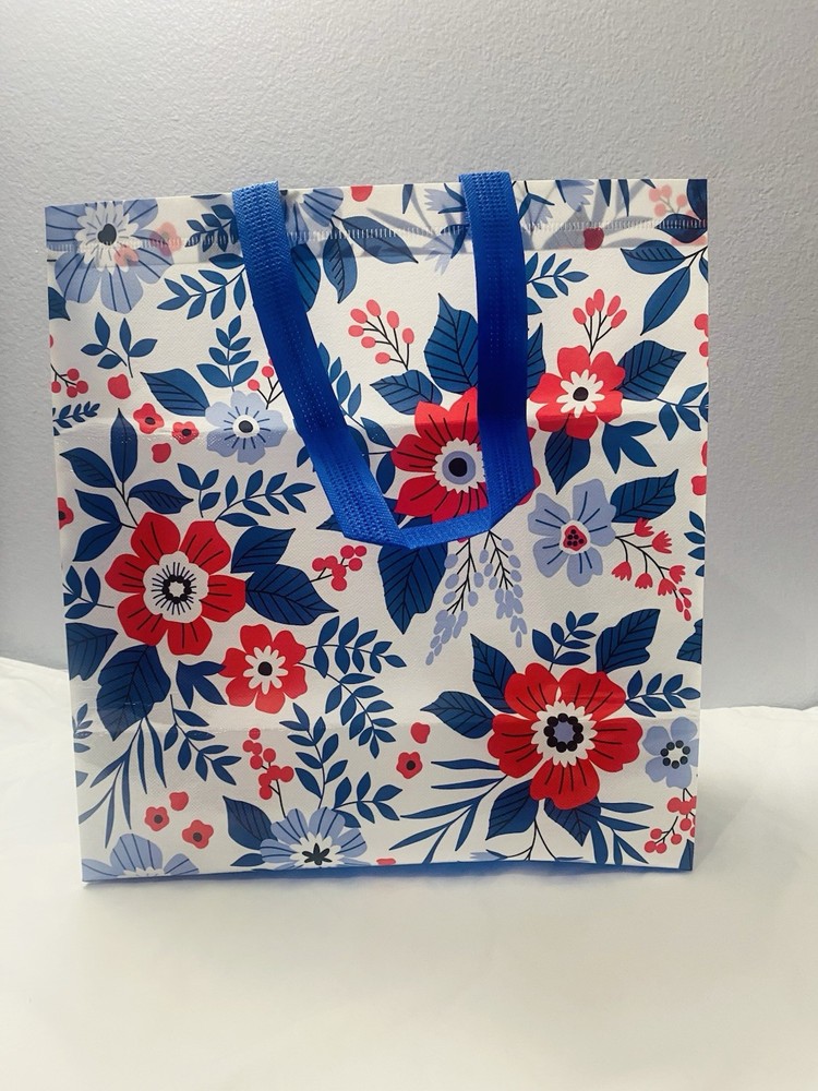 Reusable Foldable Plastic Shopping Bag Blue Red White Floral Pattern