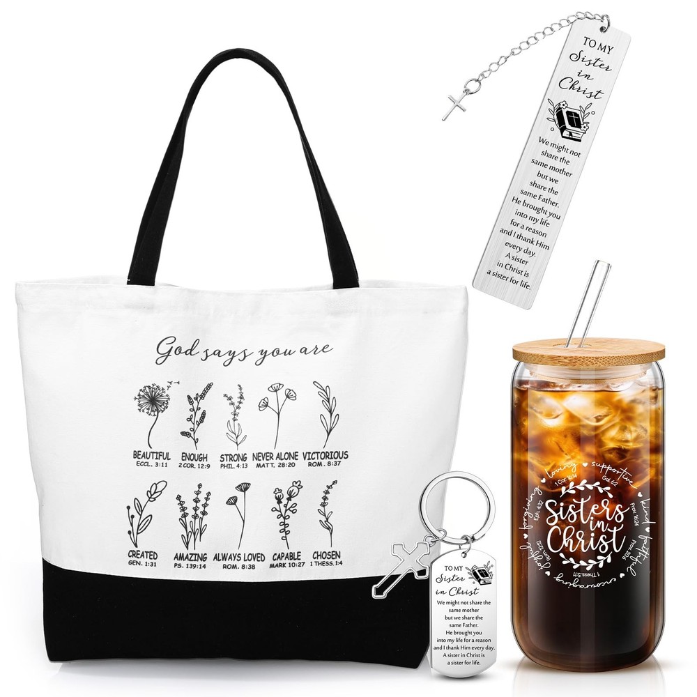 4 Pcs Sister in Christ Gift Set Tote Bag Tumbler Keychain Bookmark Bible Verse