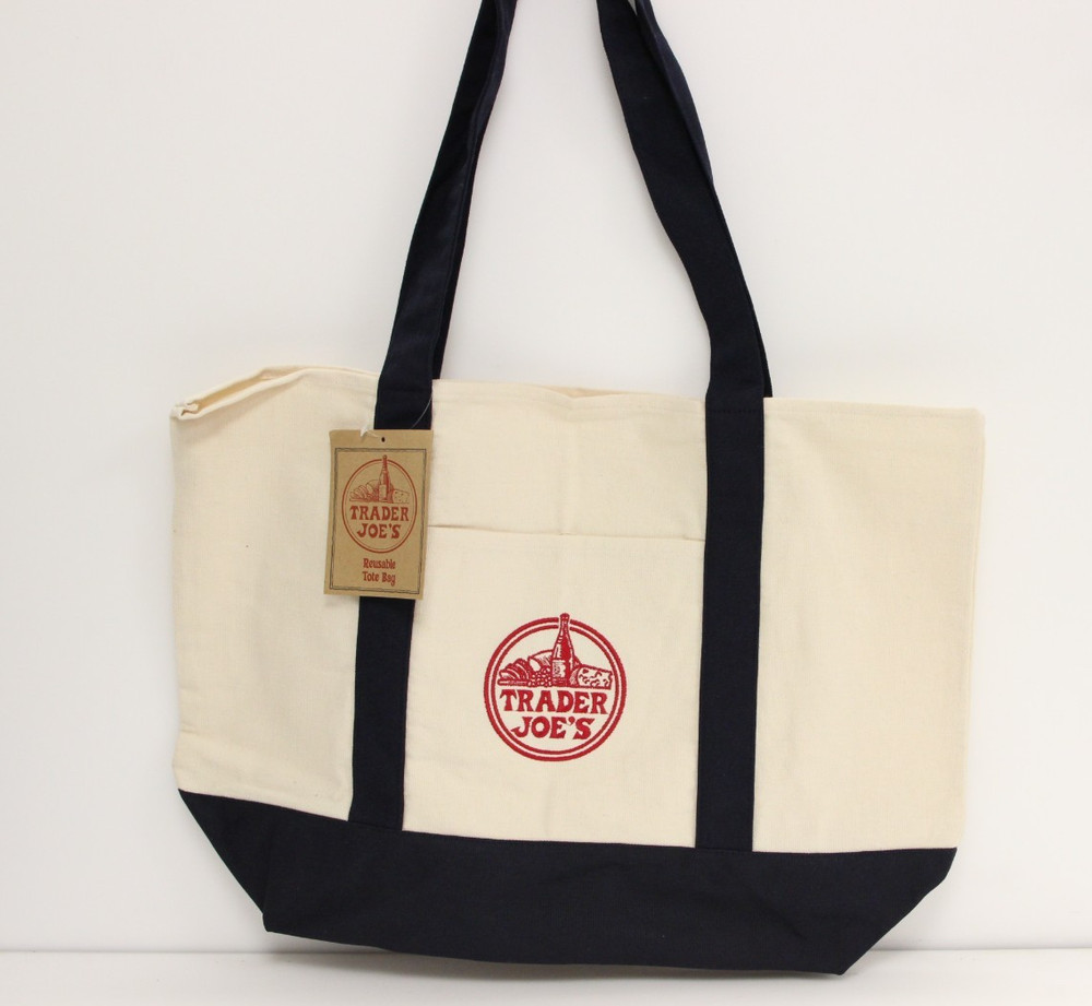 Trader Joe’s Large Canvas Tote Reusable Bag 20x14x6″ Navy Blue/White * NEW *