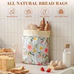 Augine Beeswax Bread Bag, 2 Pack 13 inches x 1 inch x 17 inches, Flower
