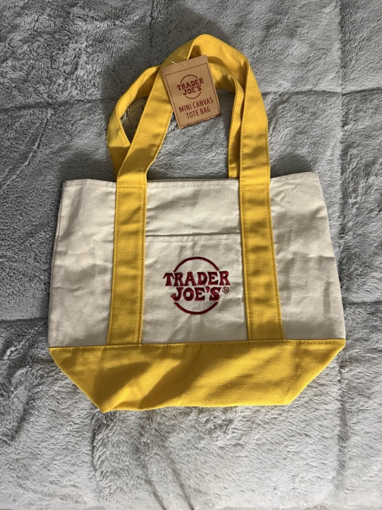Trader Joe’s Mini Canvas Tote Bag Foldable Yellow White Small