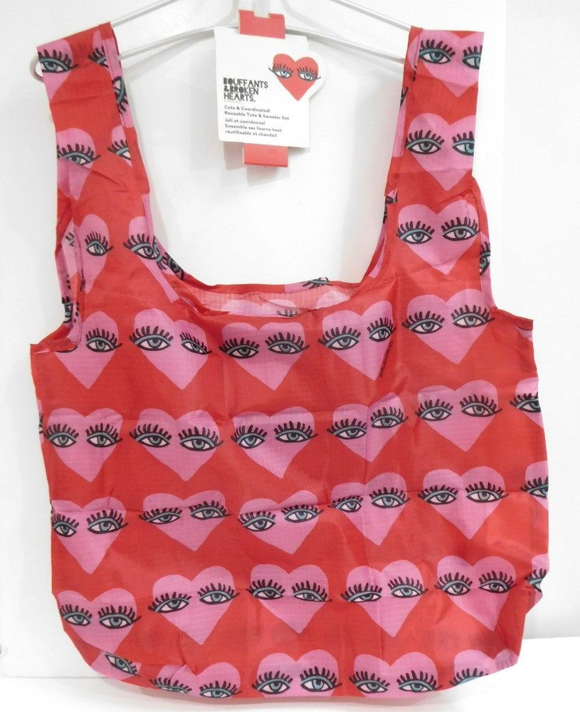 new REUSABLE TOTE BAG Kendra Dandy Hearts Face Eyes Red Pink Lightweight Travel
