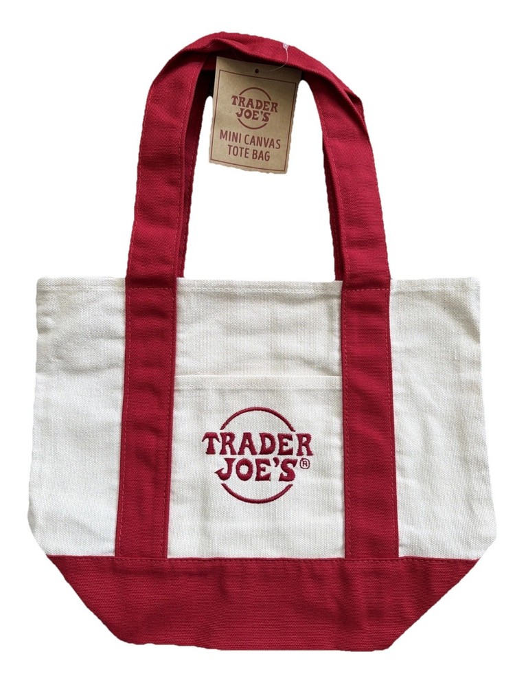 NWT Red Ecru TRADER JOES Mini Canvas Tote Bag Red Embroidery Grocery Trending