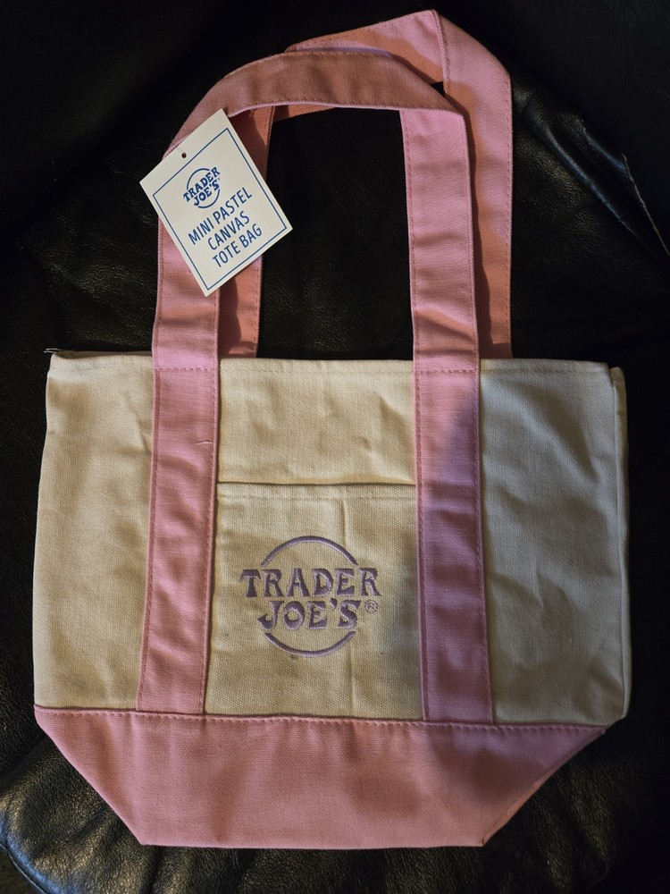 Trader Joe’s Mini Pastel Canvas Tote Bag Pink Beige Small Foldable