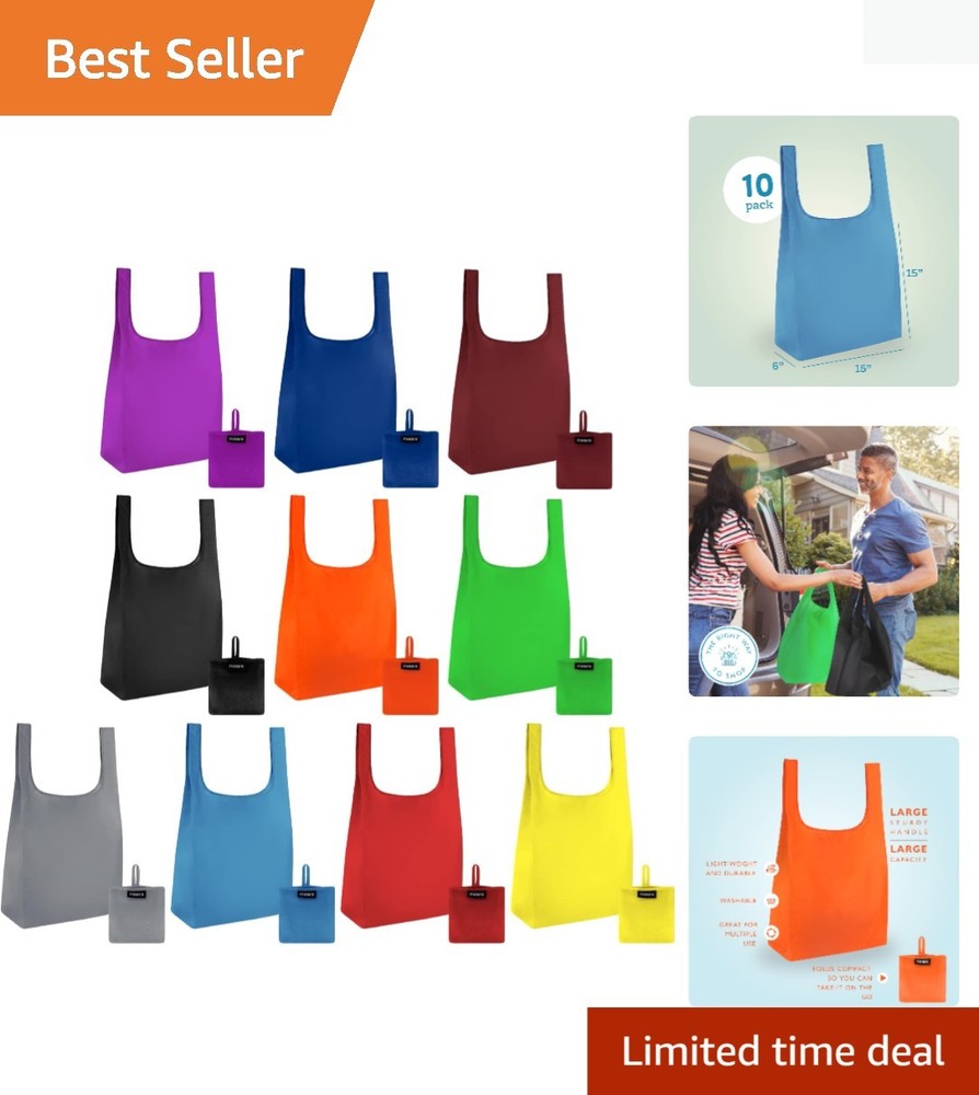 Colorful and Durable Large Reusable Grocery Bags | 10-Pack Foldable Convenience