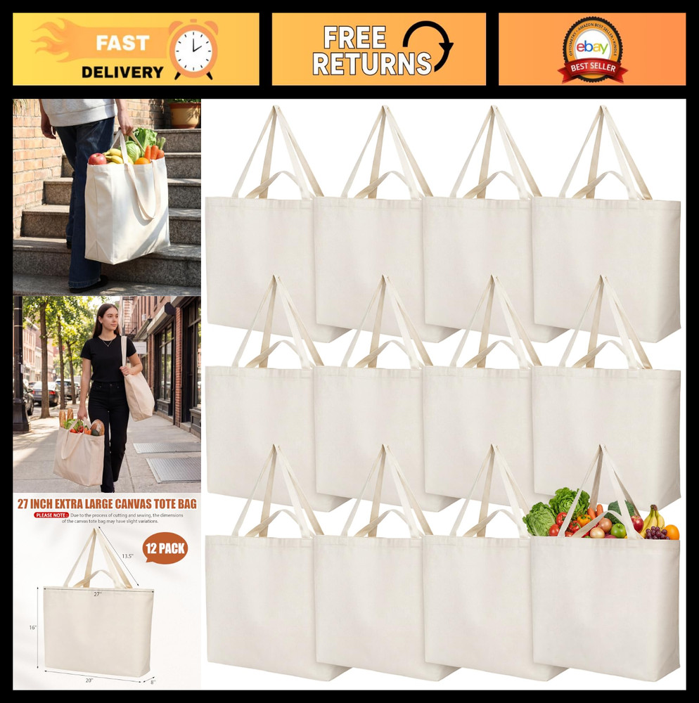 12 Pack Extra Large 27″ x 16″ Canvas Shopping Bags – Heavy Duty Reusable Tote Ba