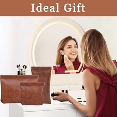 3PCS Pouchic Snap Closure Pouches, Pu Leather Small Makeup Bag 3PCS, BROWN