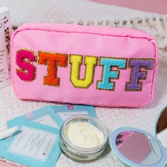 Fablinks Preppy Stuff Bag, Chenille Varsity Letter Makeup Pouch, 9.0″, Pink