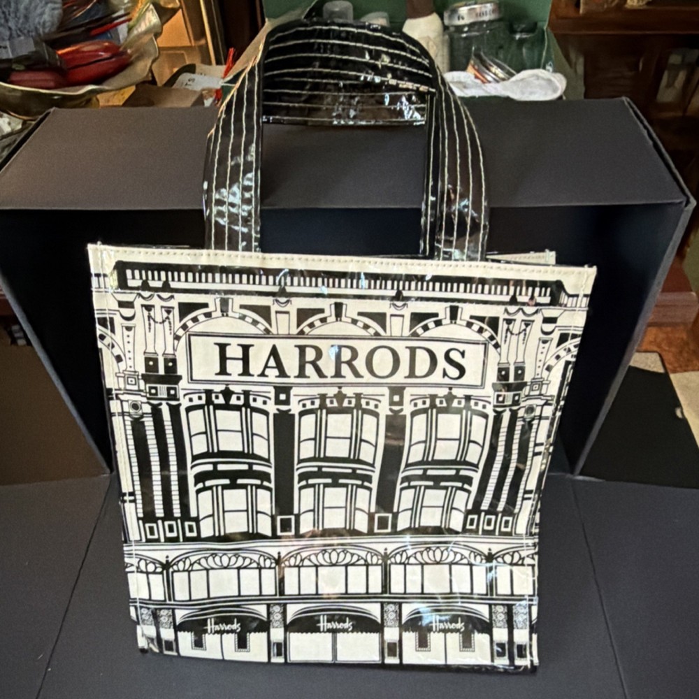 Harrods Reusable Shopping Bag Black & White Medium Foldable Plastic
