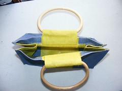 Small Burlap Tote bag w/ wood handles knitting, crochet project shopping bag