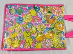 Lilly Pulitzer Reusable Shopping Tote Citrus Pattern Gold Logo Pink Lemon NEON
