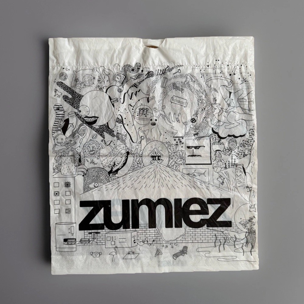 VINTAGE ZUMIEZ PLASTIC BLACK WHITE SHOPPING MALL BAG TOTE Y2K 16×16” SKATE 2000s