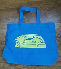 Blue Yellow Foldable Reusable Shopping Bag Non-woven Palm Tree Stripes Text