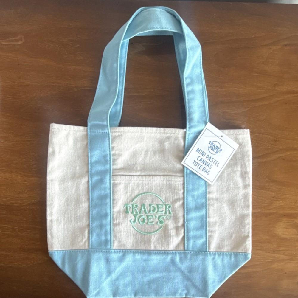 TRADER JOE’S MINI PASTEL CANVAS REUSABLE SHOPPING BAG FOLDABLE BLUE BEIGE
