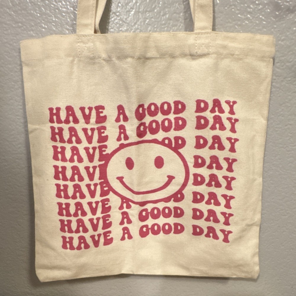 Beige Pink Have a Good Day Happy Face Canvas Foldable Tote Bag with Inner Pocket