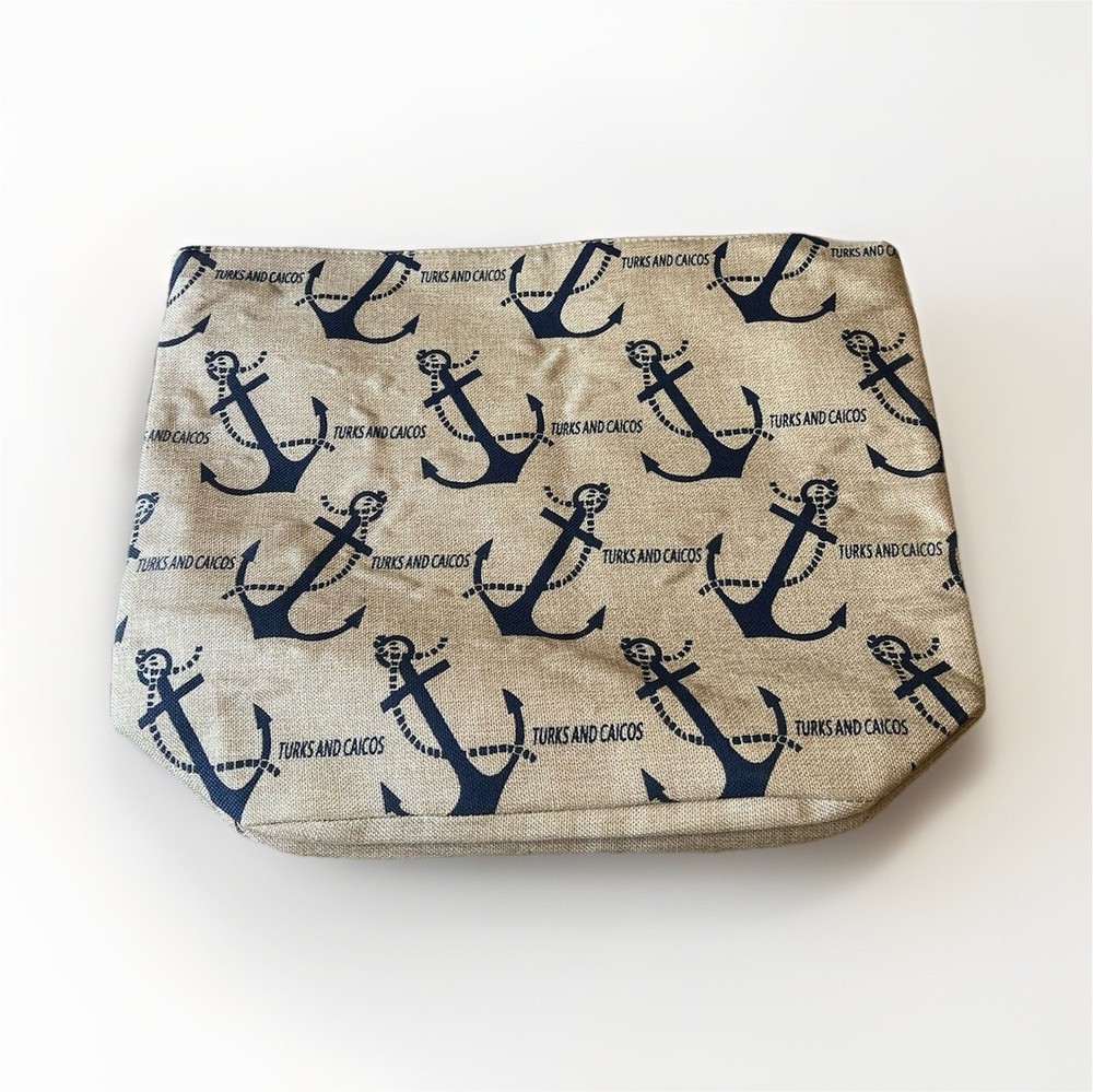 Caribbean Turks and Caicos Outpost Bag Beige Navy Blue Zipper