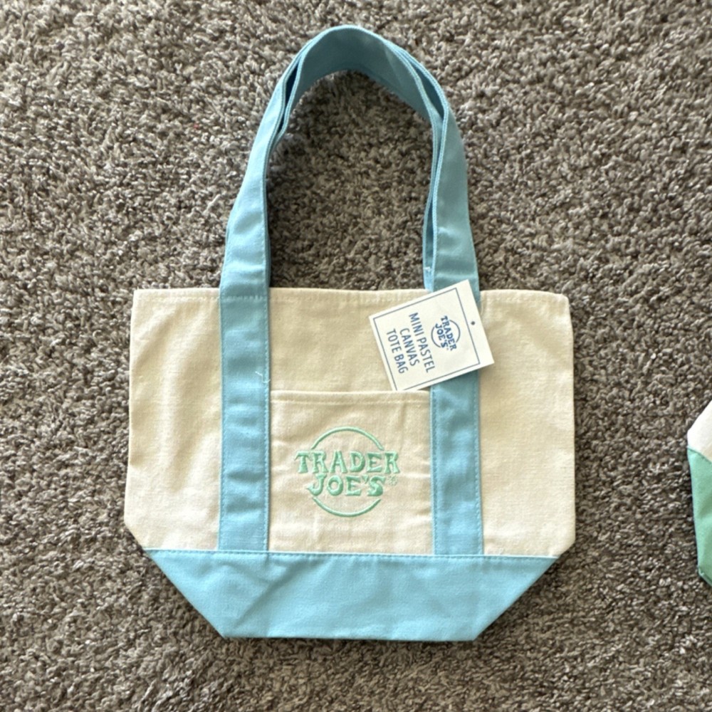 Trader Joe’s Foldable Canvas Tote Bag Small Colour Block Blue Green Beige