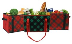 Deluxe Collapsible Reusable Shopping Box Grocery Bag Set Plaid Holiday 3 Pcs