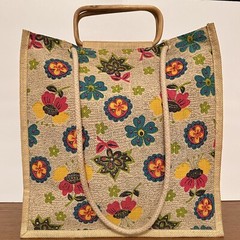 Made In India AARBUR Jute Tote Reusable Shopping Bag Bamboo Handles Flowers