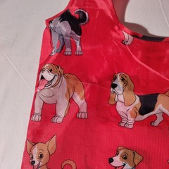 BeeGreen Reusable Nylon Shopping Tote Red Bag with Dogs All Over