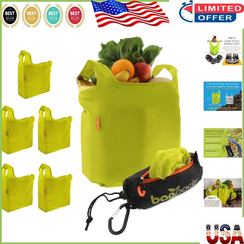 5-Pack Compact Washable Grocery Bags in Green – Clip-on RipStop Nylon Design